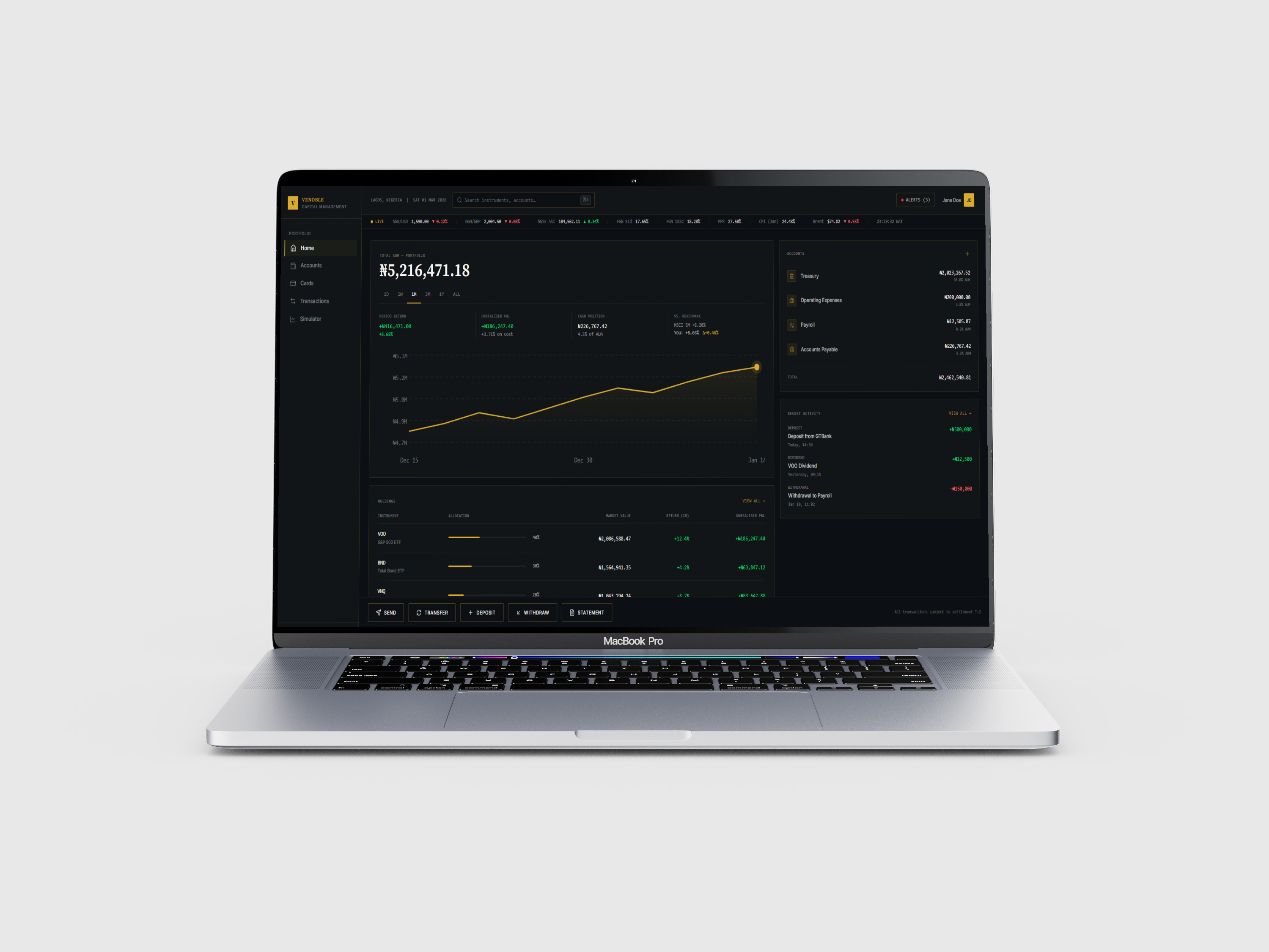 Venoble dashboard showing portfolio balance, holdings, and performance chart