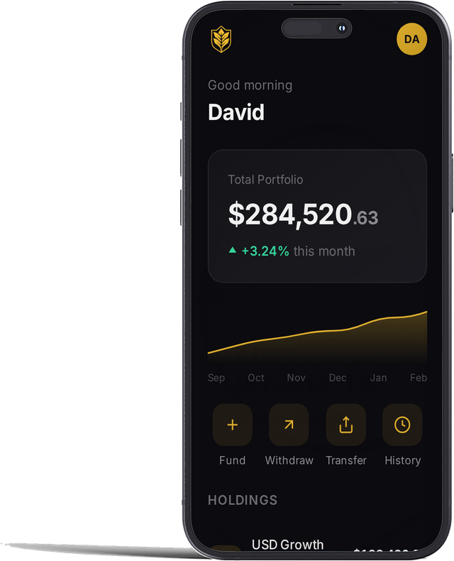 Venoble dashboard showing portfolio balance and holdings