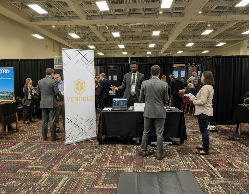 Venoble banner welcoming guests at a financial leadership forum